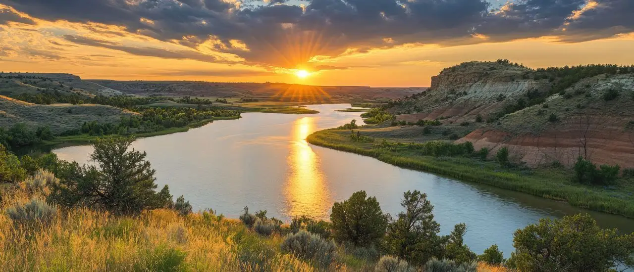 North Dakota Lake. Sunset over Little Missouri River in Theodore Roosevelt National Park