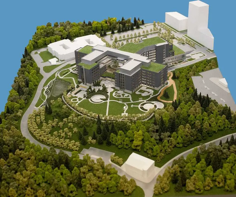 West Park Health Centre in Toronto, Ontario, Canada: The new outpatient care center, idyllically situated on the Humber River, will replace several outdated hospital buildings on the campus.