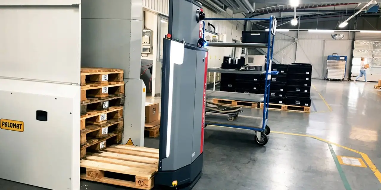 KEB Automation: After the transport order is generated, the DTS picks up the pallet at the warehouse location.
