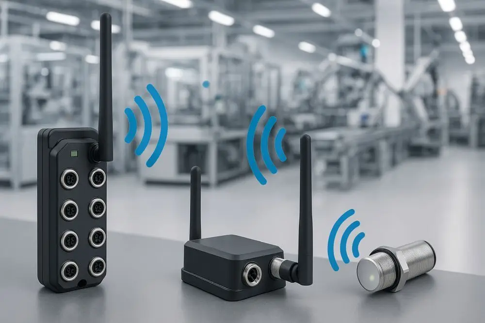 IO-Link Wireless Komponenten in moderner Fertigung mit kabelloser Datenverbindung