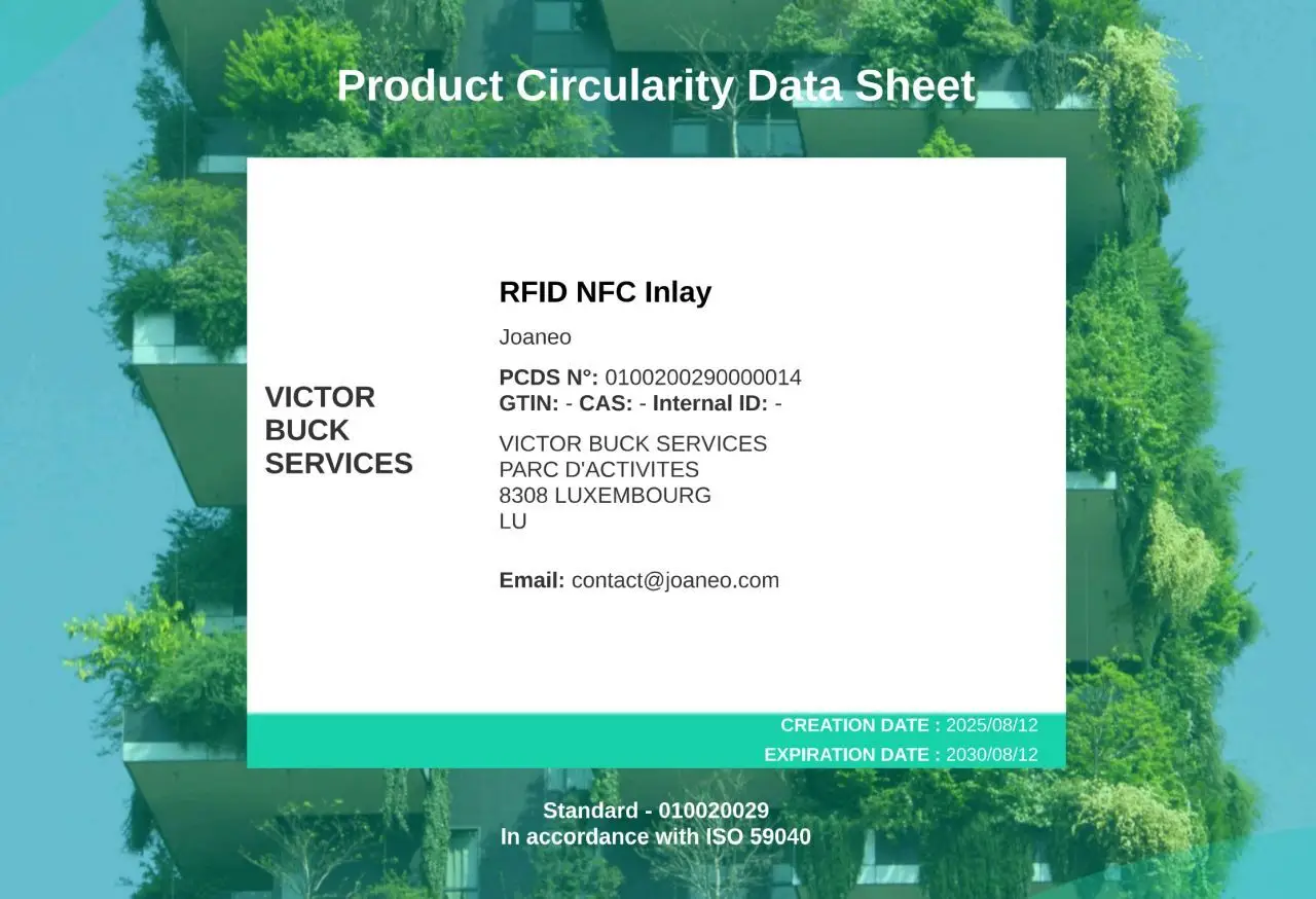 Joaneo’s V-TAG 36 NFC inlay with its Product Circularity Data Sheet (PCDS), certified under ISO 59040