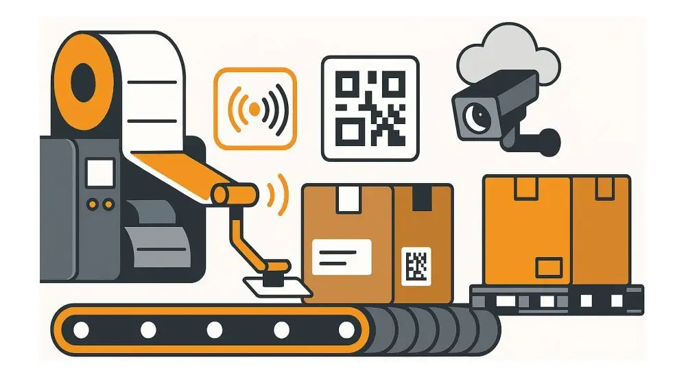Industrial labeling on factory line showing RFID tag, DataMatrix code and thermal label