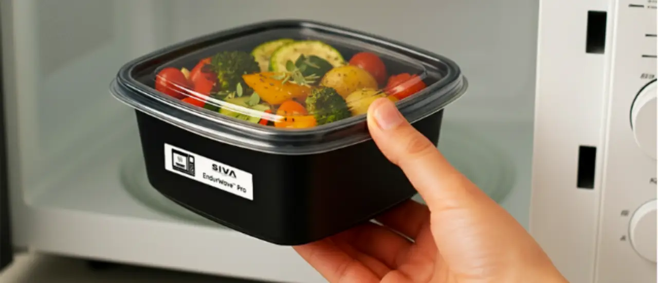 EndurWave Pro microwave-safe RFID label on reusable food tray demonstrating dishwasher resilience