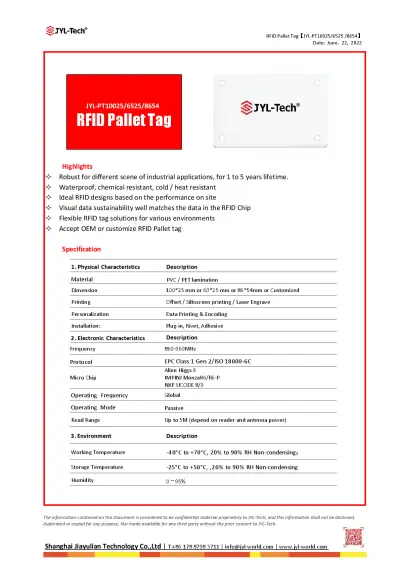 JYL-Tech RFID-Pallet-Tag Datasheet