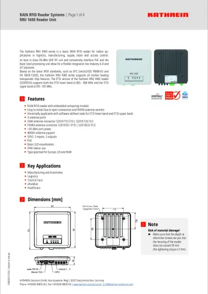 RRU 1400 UHF RFID Reader Datasheet
