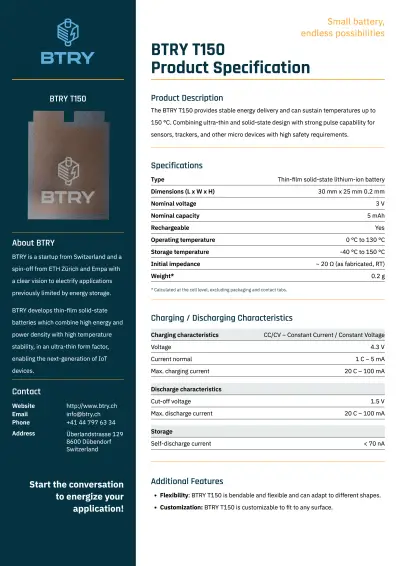 BTRY T150 Specifications