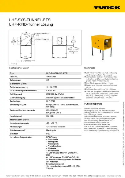 Turck UHF-RFID-Tunnel – Datenblatt