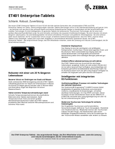 ET401 Enterprise Tablets – Technisches Datenblatt