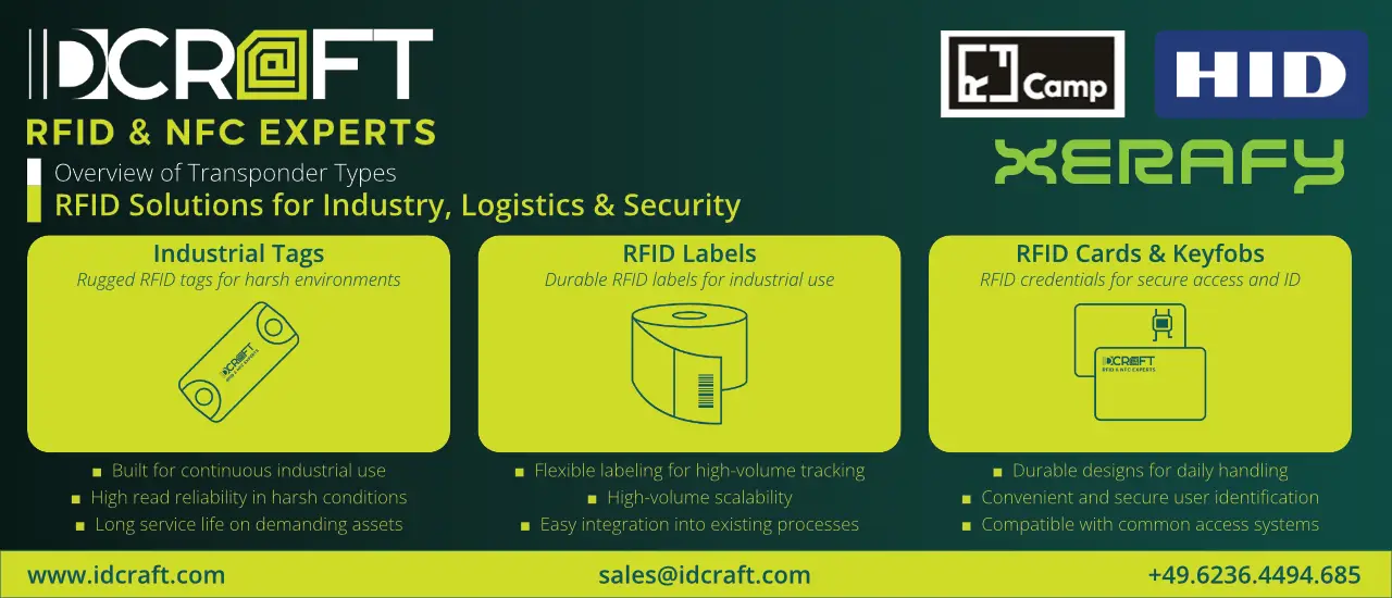 Übersicht verschiedener RFID-Transponder und Tags der IDCRAFT GmbH für industrielle Anwendungen.