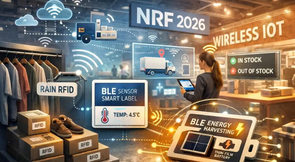 NRF 2026 Messestand mit RFID- und BLE-Etiketten, Think WIoT-Vertreterin erläutert drahtloses IoT