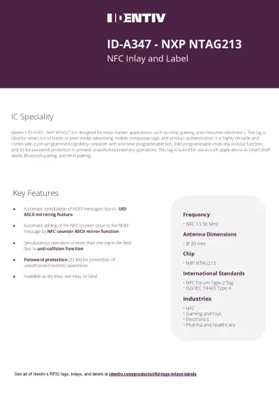 Fiche technique Identiv ID-A347