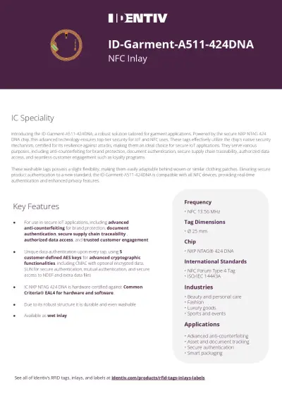 ID-Garment-A511-424DNA Datenblatt