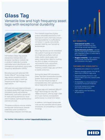 Fiche technique des étiquettes en verre HID