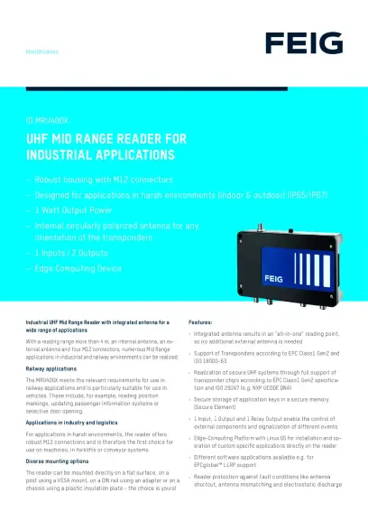 Lecteur UHF pour moyennes portées ID MRU400iX Fiche technique