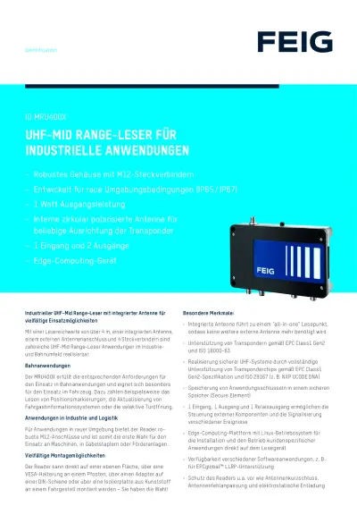 UHF-Lesegerät für mittlere Reichweiten ID MRU400iX Datenblatt