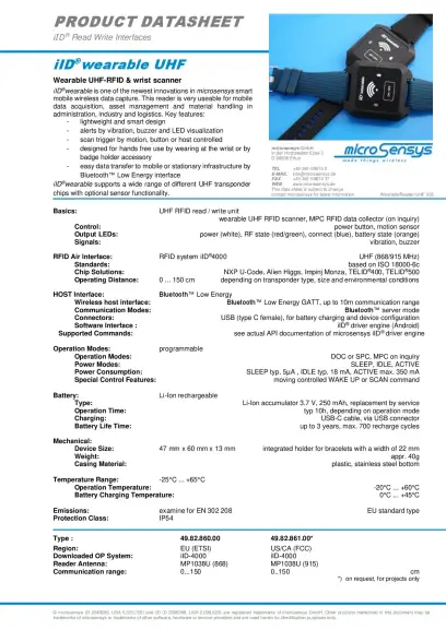 iID® Wearable UHF – Datenblatt