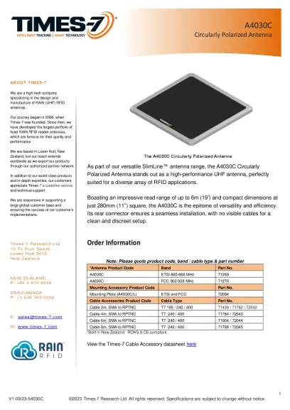 A4030C UHF RFID Antenna Datasheet