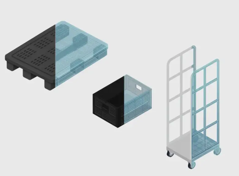 Three isometric reusable logistics assets on a light gray background: a black plastic pallet in the upper left, a black stackable crate in the center, and a tall rolling cage trolley on the right. Each object is partially overlaid with a translucent blue digital “twin” layer, highlighting one half of the asset to suggest connected tracking, data continuity, or smart asset visibility across the supply chain.