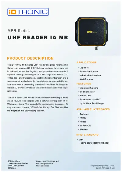 Datenblatt MPR-Serie UHF-Reader IA MR