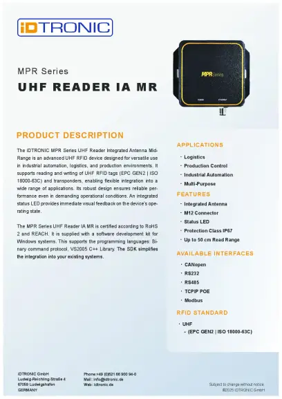 MPR Series UHF Reader IA Mid-Range (MR) Datasheet