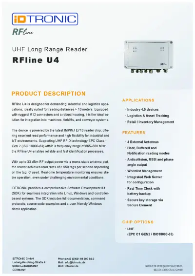 UHF Long Range Reader RFline U4 Datasheet