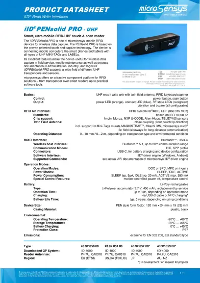 iID® PENsolid PRO - UHF RFID Datasheet