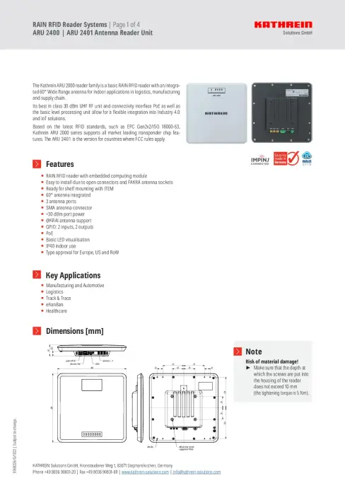 ARU 2400 RFID Antenna Reader Datasheet