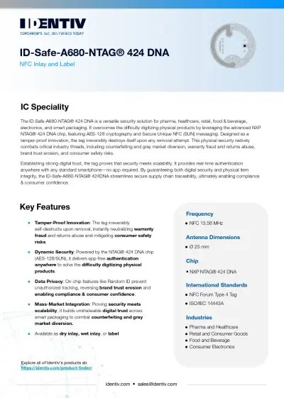 ID-Safe-A680-NTAG 424 DNA – Fiche technique