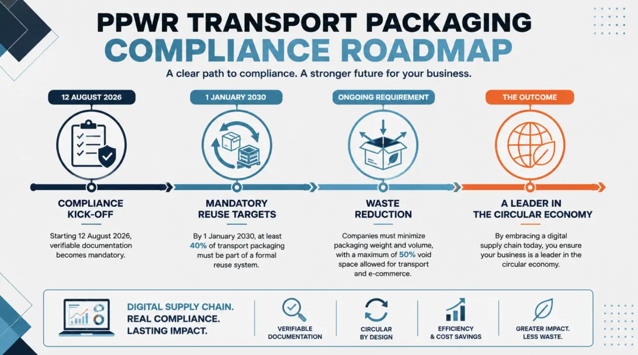 Digital supply chain dashboard showing asset visibility and lifecycle management for PPWR compliance