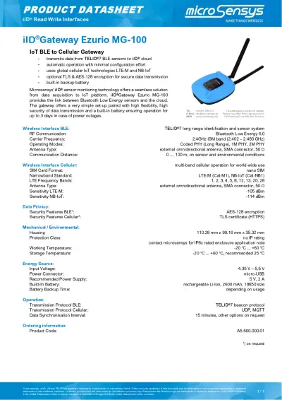 iID®Gateway Ezurio MG-100 Datasheet