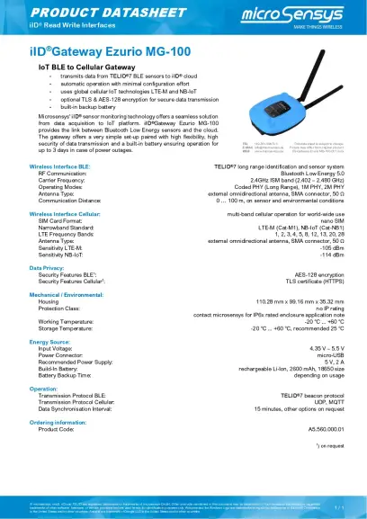 Fiche technique de l'iID®Gateway Ezurio MG-100
