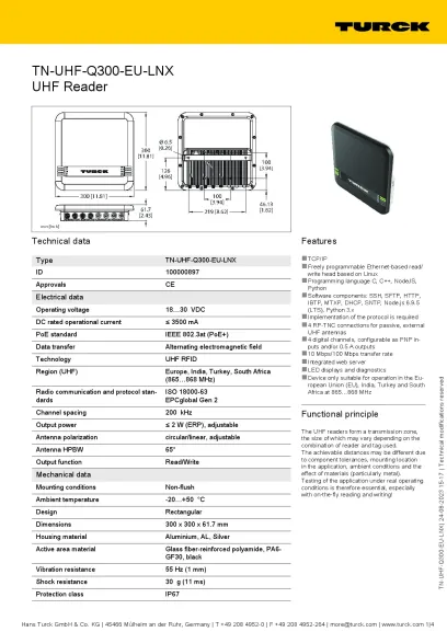 Fiche technique du lecteur UHF Q300