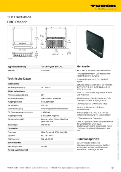 Datenblatt zum UHF-Lesegerät Q300
