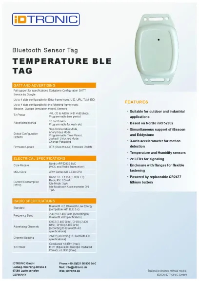 Temperature BLE Tag Datasheet