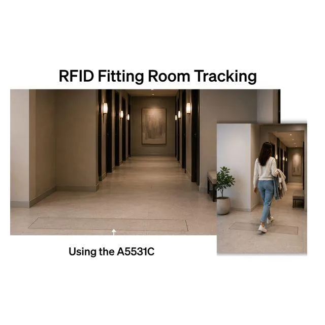 The Times-7 A5531C antenna is installed beneath the fitting room entrance to create a discreet RFID transition zone that detects tagged items as they enter and leave.