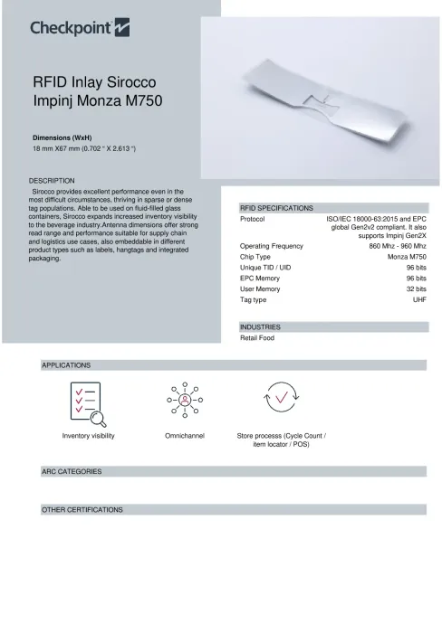 Datenblatt zum RFID-Inlay „Sirocco“