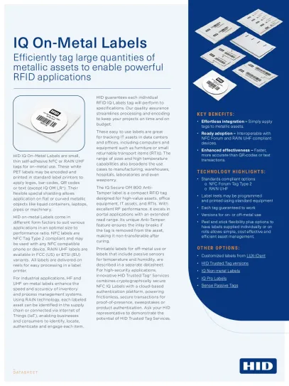 HID IQ On-Metal Labels Datasheet