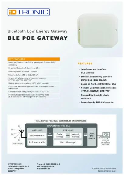 Datenblatt zum BLE-PoE-Gateway